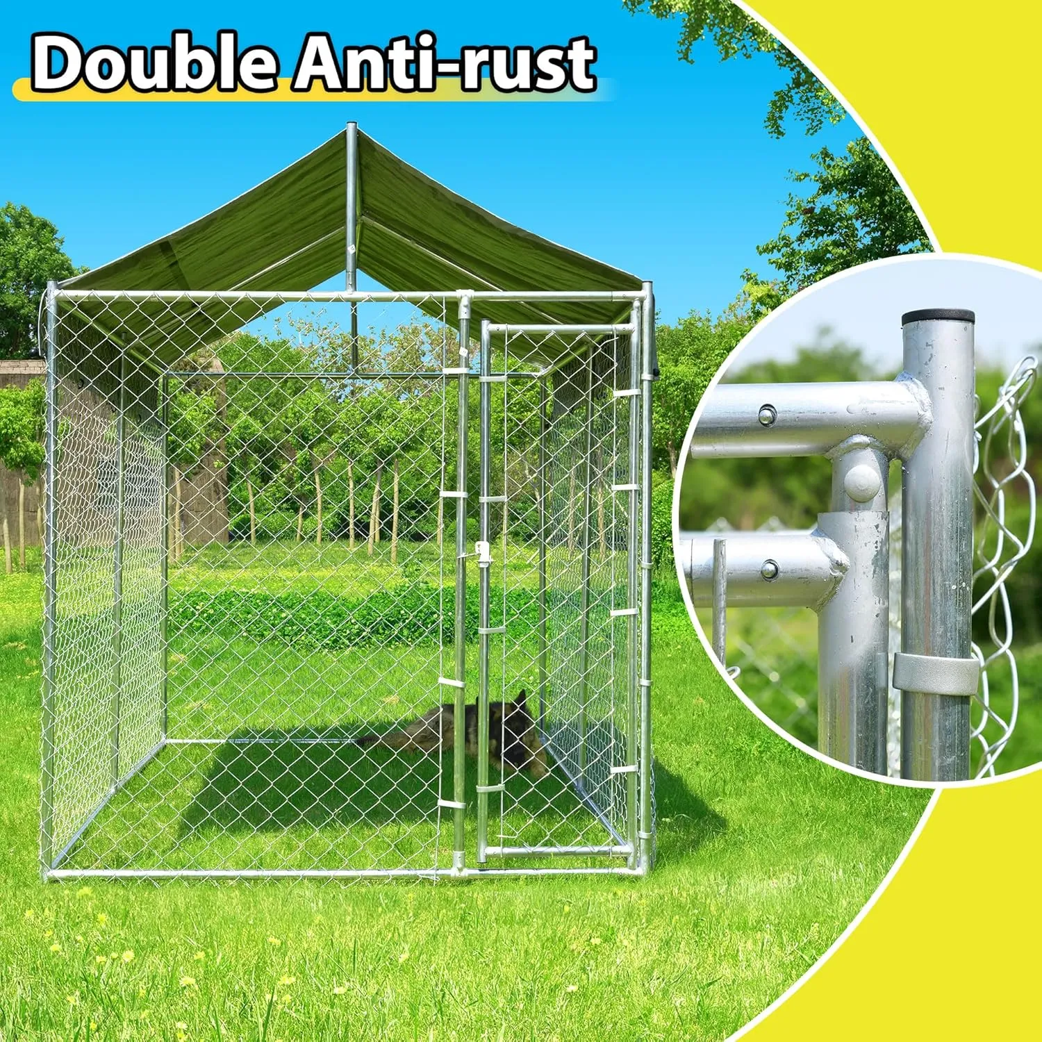 10'x6'x7.65' Large Dog Playpen Outdoor, Heavy Duty Chain Link Metal Dog Kennel Dog Exercise Dog Pen Dog Run with Lockable Door and Water-Resistant Canopy, for Medium and Large Dogs