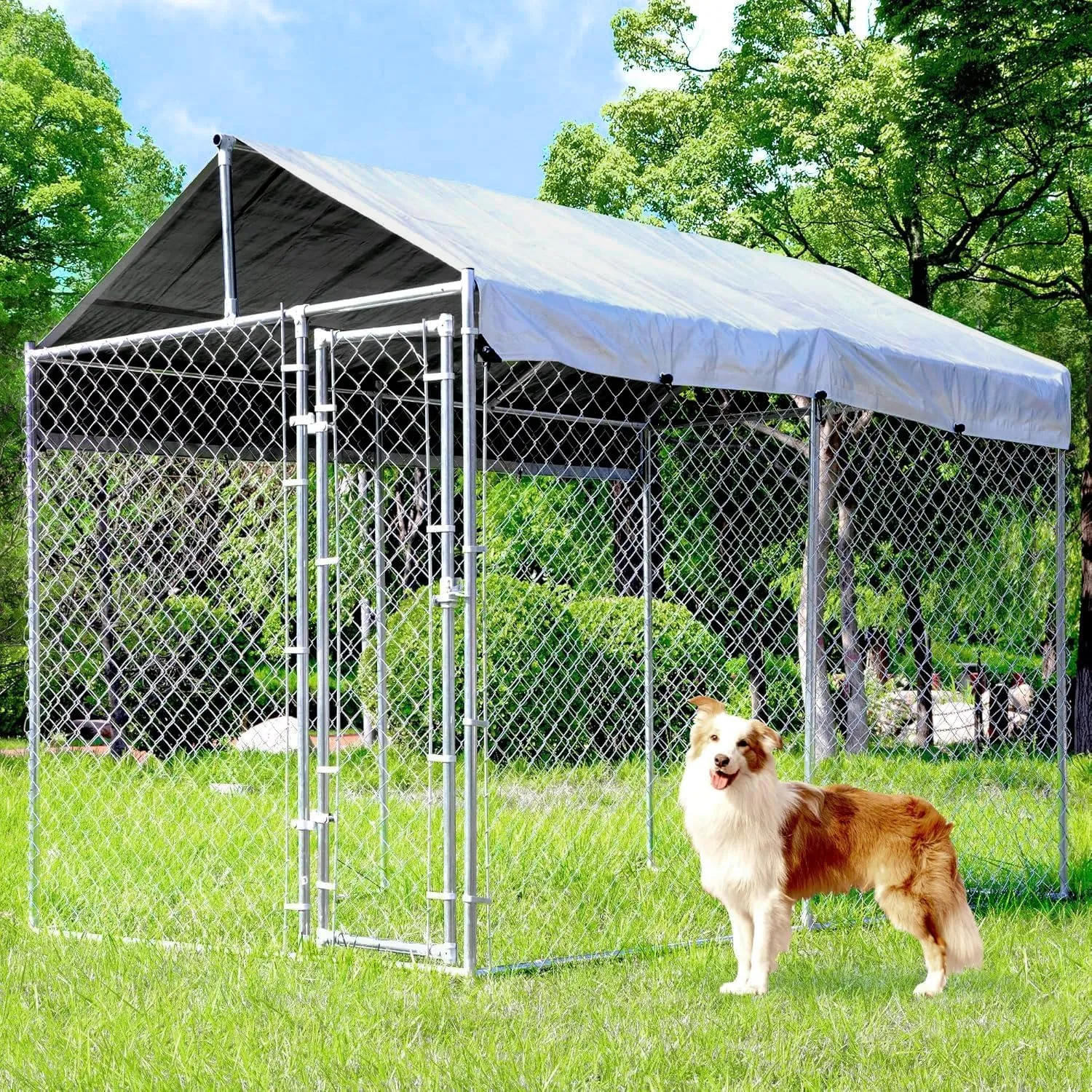 10'x6'x7.65' Large Dog Playpen Outdoor, Heavy Duty Chain Link Metal Dog Kennel Dog Exercise Dog Pen Dog Run with Lockable Door and Water-Resistant Canopy, for Medium and Large Dogs