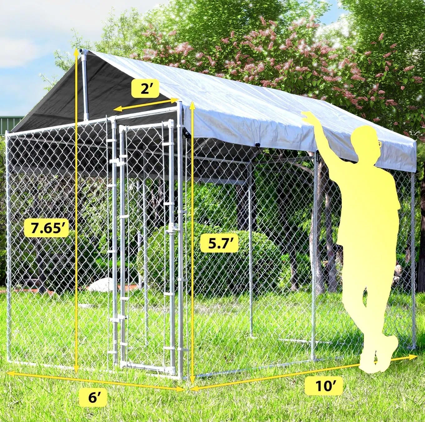 10'x6'x7.65' Large Dog Playpen Outdoor, Heavy Duty Chain Link Metal Dog Kennel Dog Exercise Dog Pen Dog Run with Lockable Door and Water-Resistant Canopy, for Medium and Large Dogs