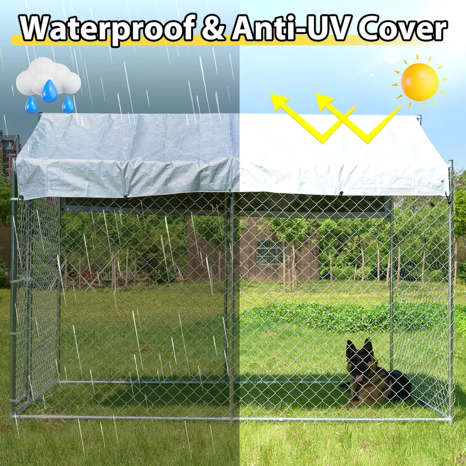 10'x6'x7.65' Large Dog Playpen Outdoor, Heavy Duty Chain Link Metal Dog Kennel Dog Exercise Dog Pen Dog Run with Lockable Door and Water-Resistant Canopy, for Medium and Large Dogs