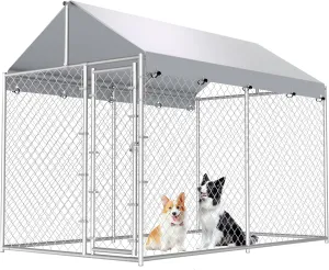10'x6'x7.65' Large Dog Playpen Outdoor, Heavy Duty Chain Link Metal Dog Kennel Dog Exercise Dog Pen Dog Run with Lockable Door and Water-Resistant Canopy, for Medium and Large Dogs