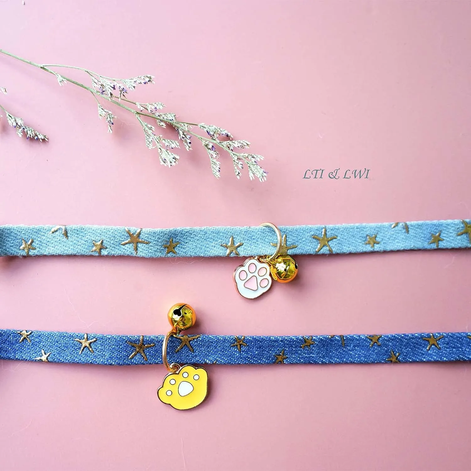 2 Pack Denim Breakaway Cat Collars with Bell Cat Paw Pendant Kitty Kitten Collars Blue Collar for Female Girl Cats Male Boy Cats Star Print