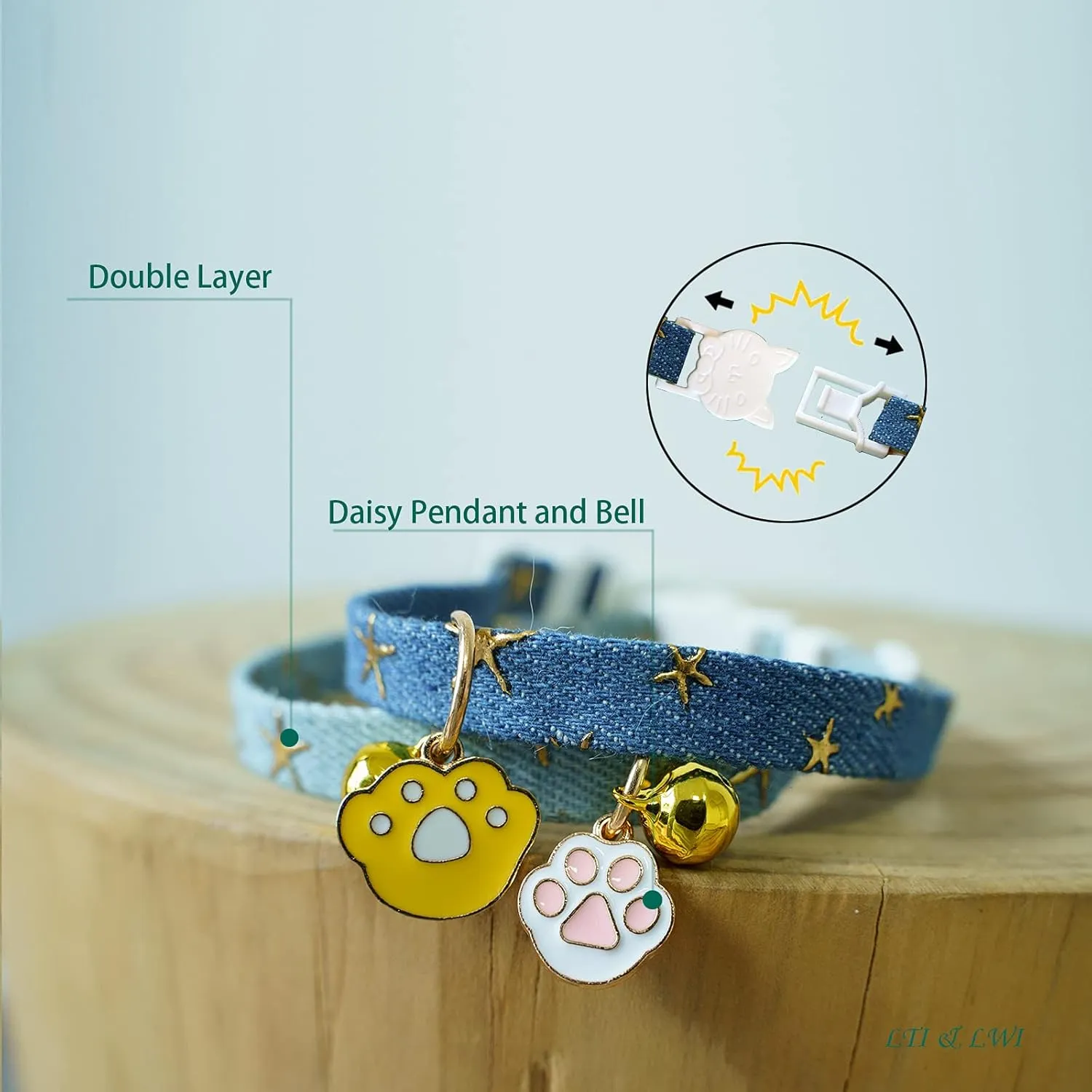 2 Pack Denim Breakaway Cat Collars with Bell Cat Paw Pendant Kitty Kitten Collars Blue Collar for Female Girl Cats Male Boy Cats Star Print