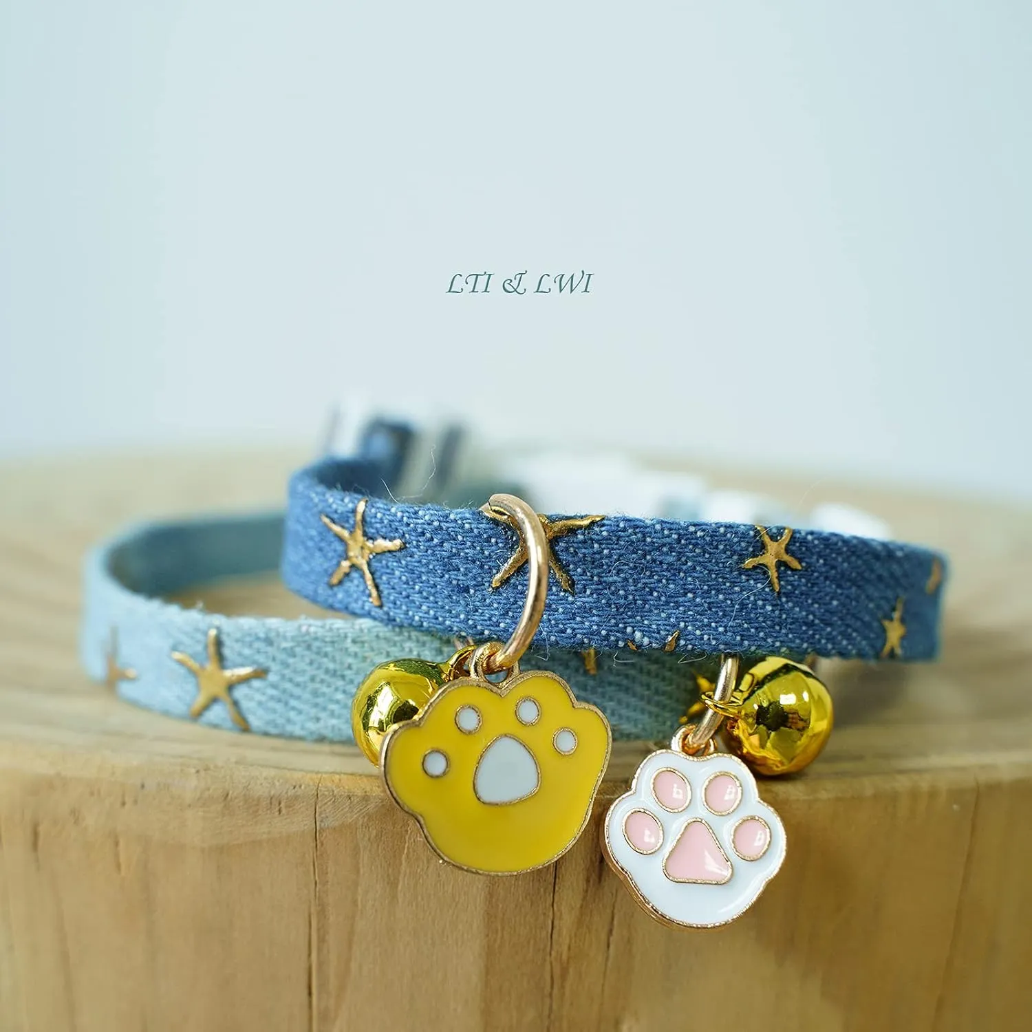 2 Pack Denim Breakaway Cat Collars with Bell Cat Paw Pendant Kitty Kitten Collars Blue Collar for Female Girl Cats Male Boy Cats Star Print