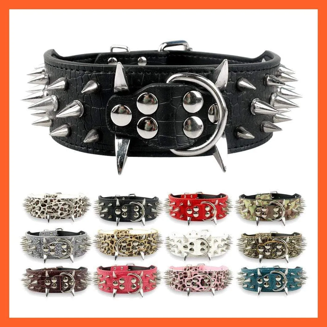 2" Wide Sharp Spiked Studded Leather Dog Collars Pitbull Bulldog Big Dog Adjustable Collar