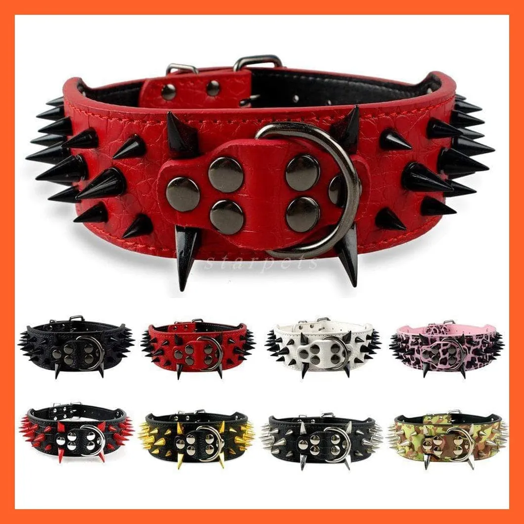 2" Wide Sharp Spiked Studded Leather Dog Collars Pitbull Bulldog Big Dog Adjustable Collar