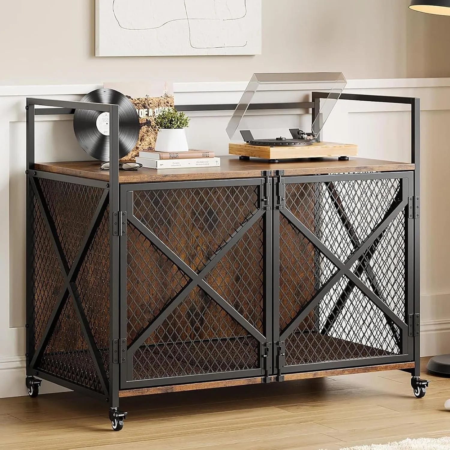 31 Inch Dog Crate Furniture Heavy Duty Portable Indoor Pet Cage with Lockable 360 Wheels, Double Door Decorative Dog Kennel End Table for Small, Medium, Large Dogs
