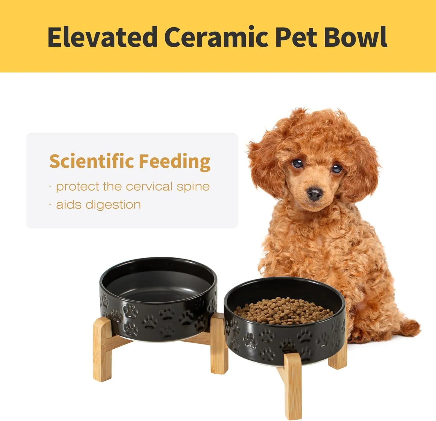 5.1" Raised Ceramic Pet Bowl Set, 1.6 Cup Two Dog Dishes with 2-Height Adjustable Stand,Elevated Food & Water Bowls for Toy Breed Dogs, Protects Cervical Spine (Double Bowls   Stand - Black, 5.1 inch)