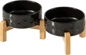 5.1" Raised Ceramic Pet Bowl Set, 1.6 Cup Two Dog Dishes with 2-Height Adjustable Stand,Elevated Food & Water Bowls for Toy Breed Dogs, Protects Cervical Spine (Double Bowls   Stand - Black, 5.1 inch)