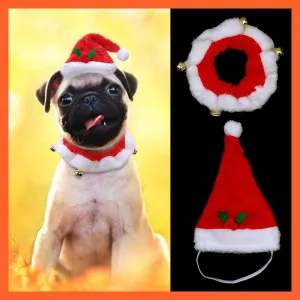 Christmas Dog Hat And Collar | Dogs Costume Santa Hats & Necklace With Bell