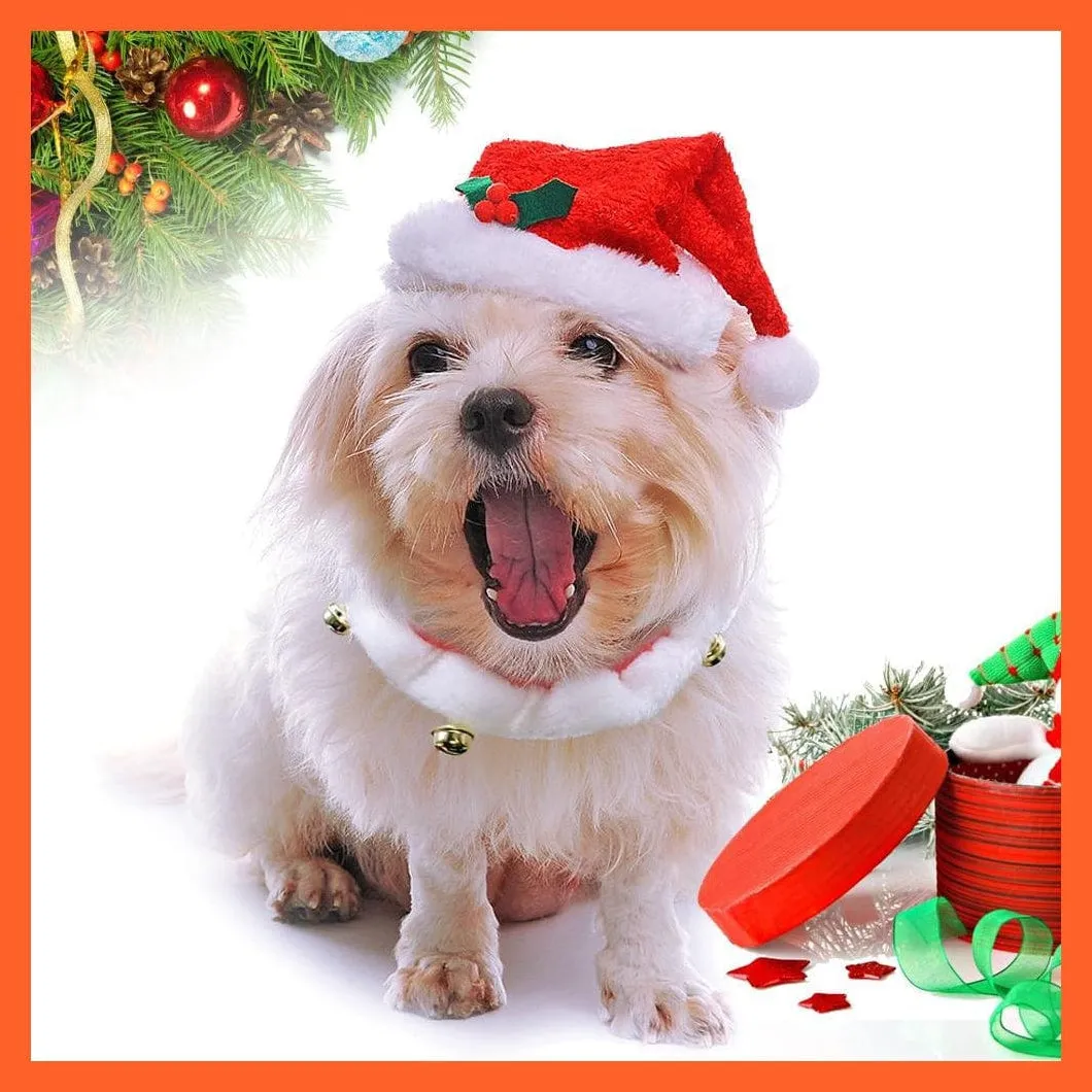 Christmas Dog Hat And Collar | Dogs Costume Santa Hats & Necklace With Bell