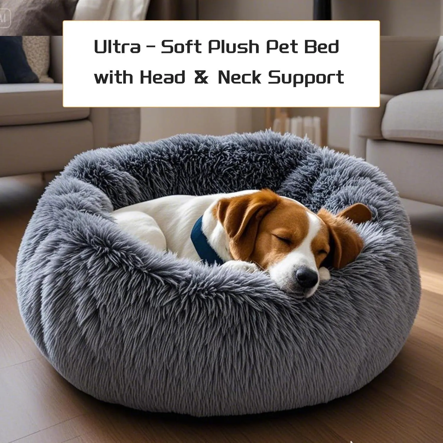 Comfort Donut Dog Bed - Ultra-Soft Pet Bed with Neck Support, 3 Sizes (Machine Washable) for Small/Medium/Large Dogs & Cats (Gray, 24''Lx24''Wx8''Th)