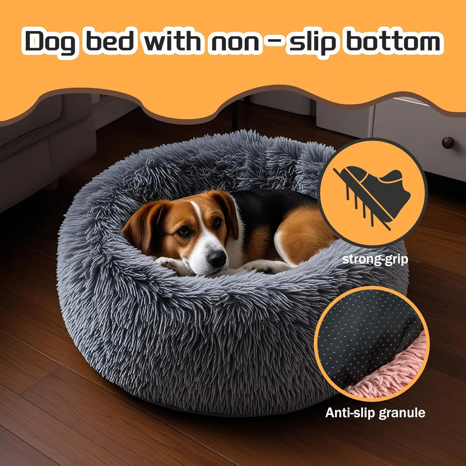 Comfort Donut Dog Bed - Ultra-Soft Pet Bed with Neck Support, 3 Sizes (Machine Washable) for Small/Medium/Large Dogs & Cats (Gray, 24''Lx24''Wx8''Th)