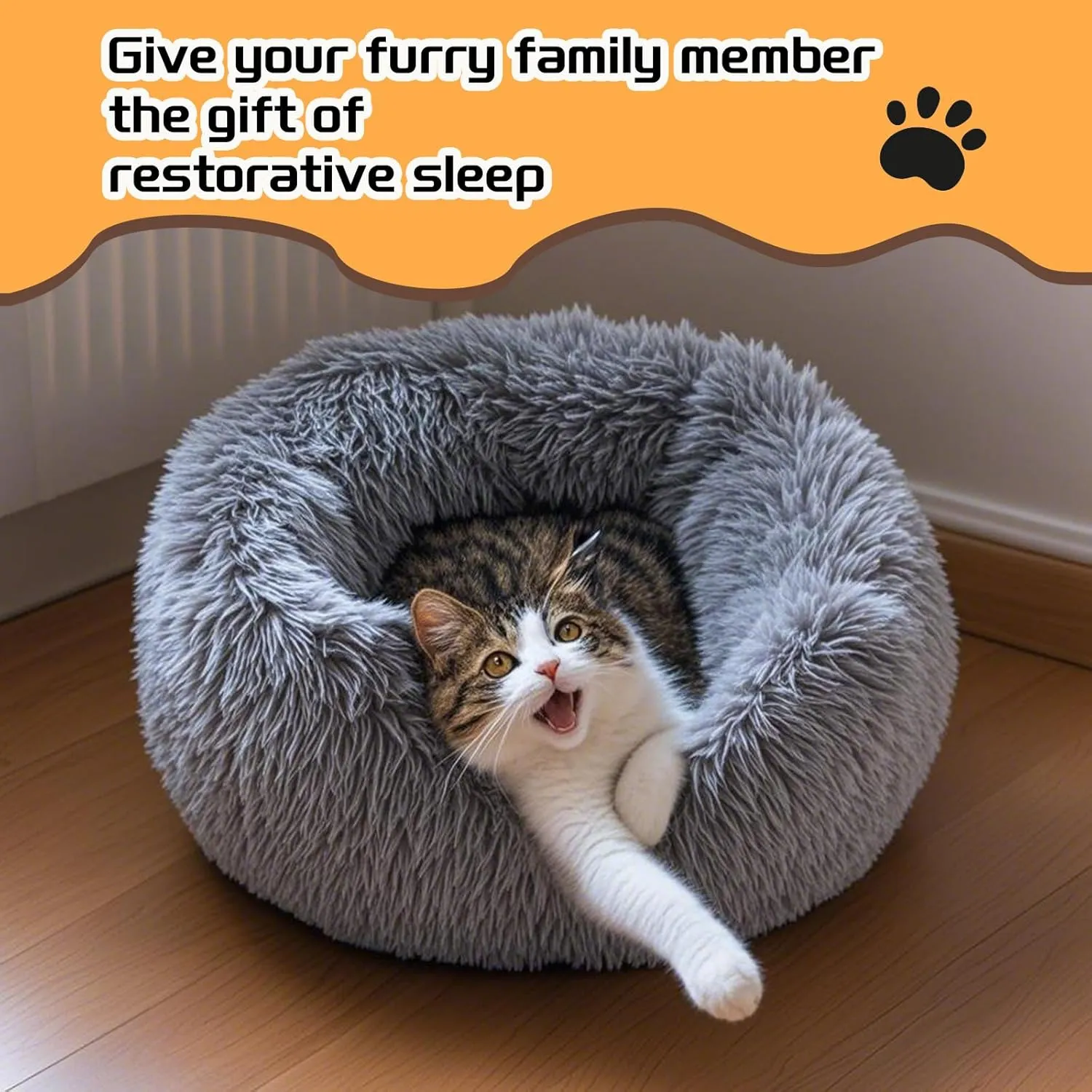 Comfort Donut Dog Bed - Ultra-Soft Pet Bed with Neck Support, 3 Sizes (Machine Washable) for Small/Medium/Large Dogs & Cats (Gray, 24''Lx24''Wx8''Th)