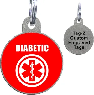 Diabetic Medical Alert Pet ID Tags, Custom Printed and Laser Engraved, Stainless Steel Circle Shape Includes Split Ring and Silencer