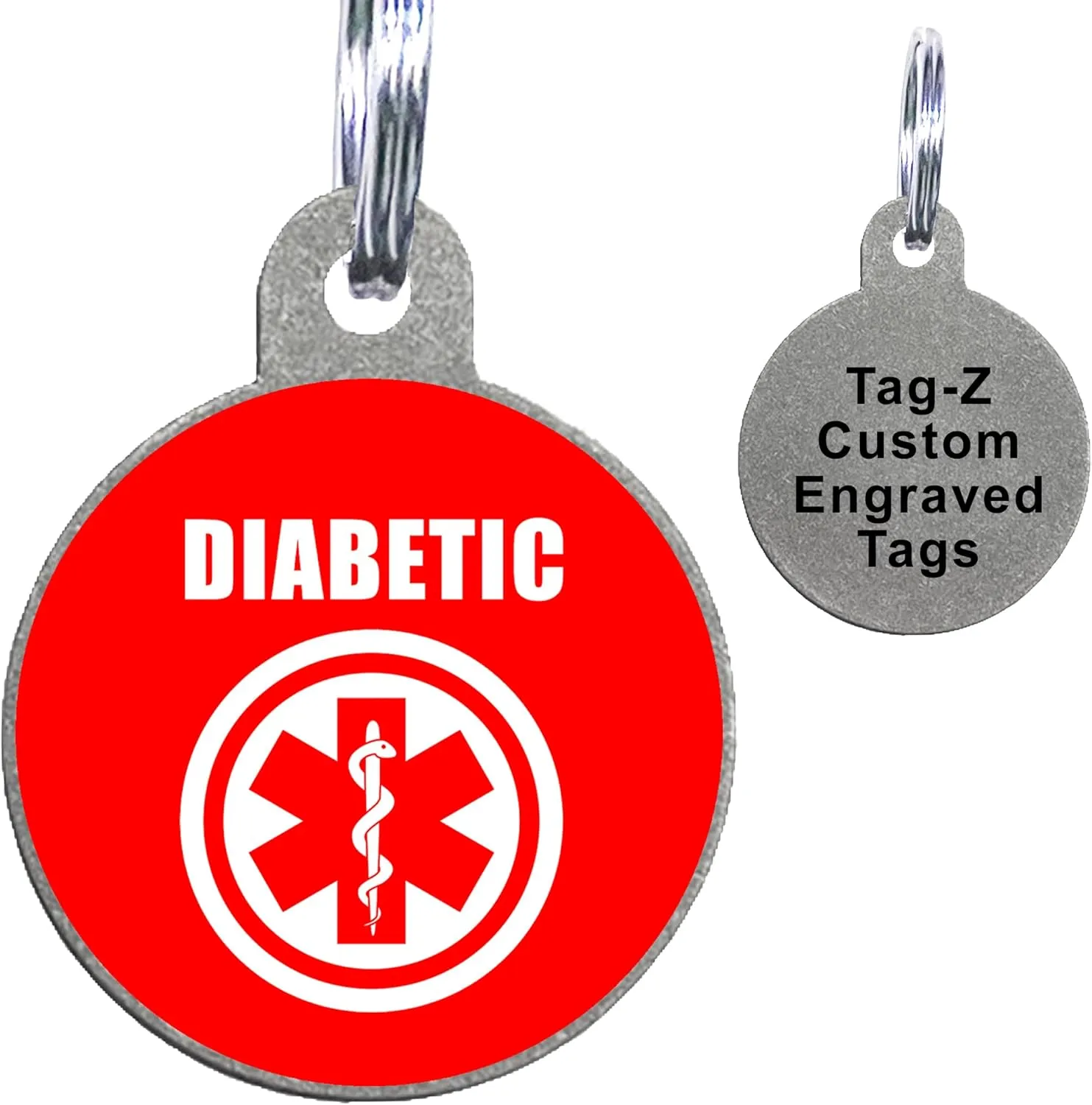 Diabetic Medical Alert Pet ID Tags, Custom Printed and Laser Engraved, Stainless Steel Circle Shape Includes Split Ring and Silencer