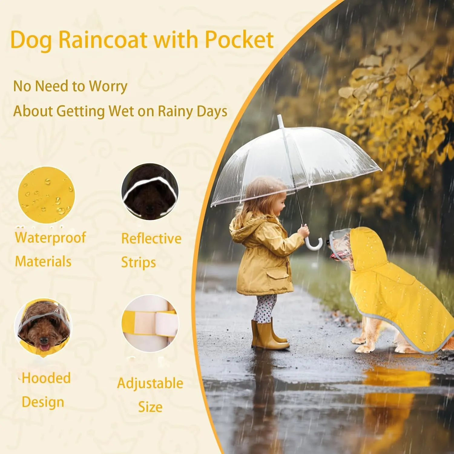 Dog Raincoat, Adjustable Dog Rain Jacket with Hood, Waterproof Poncho with Reflective Straps for Small Medium Dogs, Lightweight Puppy Clothes (Yellow, XL)