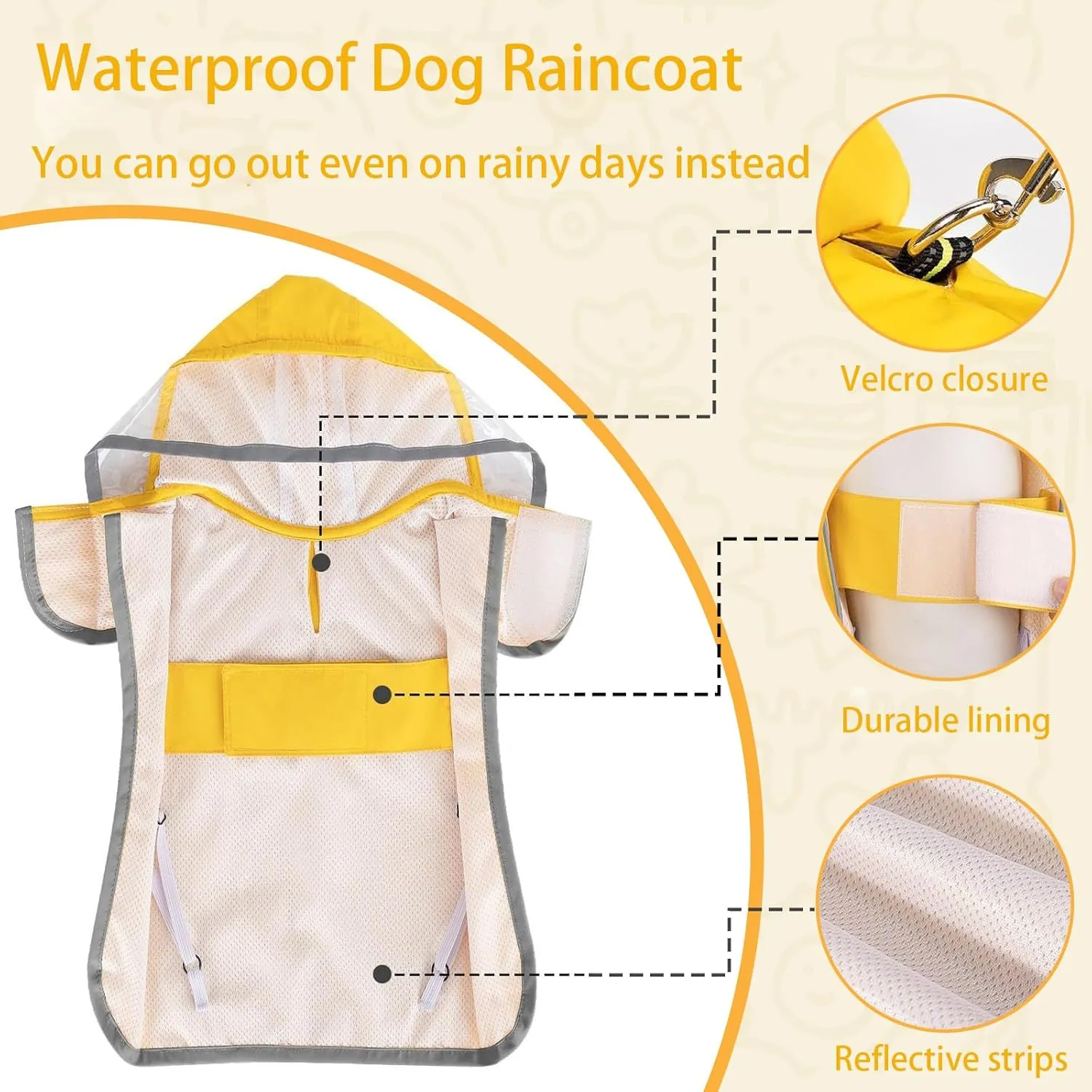 Dog Raincoat, Adjustable Dog Rain Jacket with Hood, Waterproof Poncho with Reflective Straps for Small Medium Dogs, Lightweight Puppy Clothes (Yellow, XL)