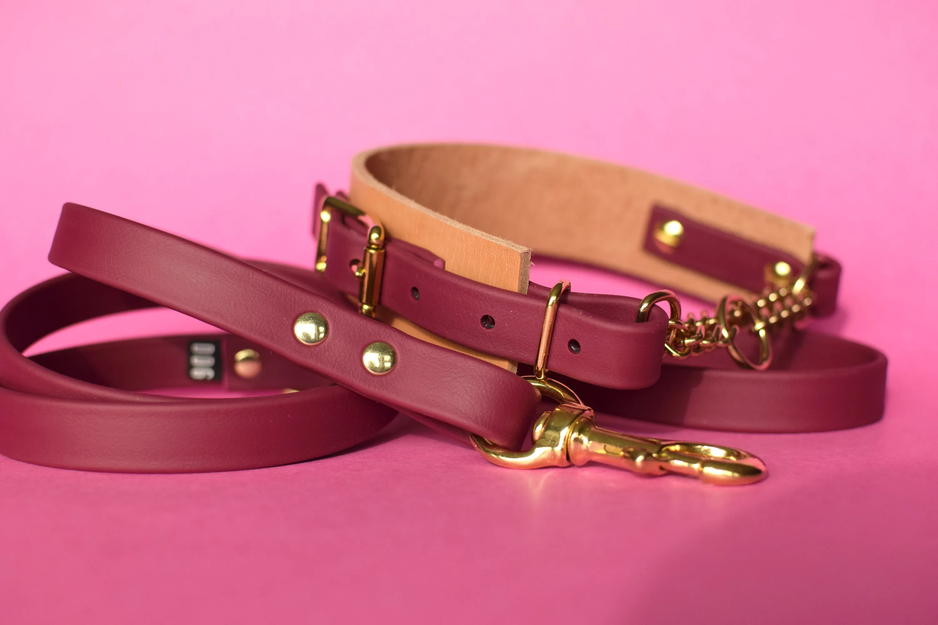 EXCLUSIVE LEATHER COLLECTION - Natural Tan & Burgundy Wine, Limited Edition Biothane and Leather Combo Martingale Dog Collar