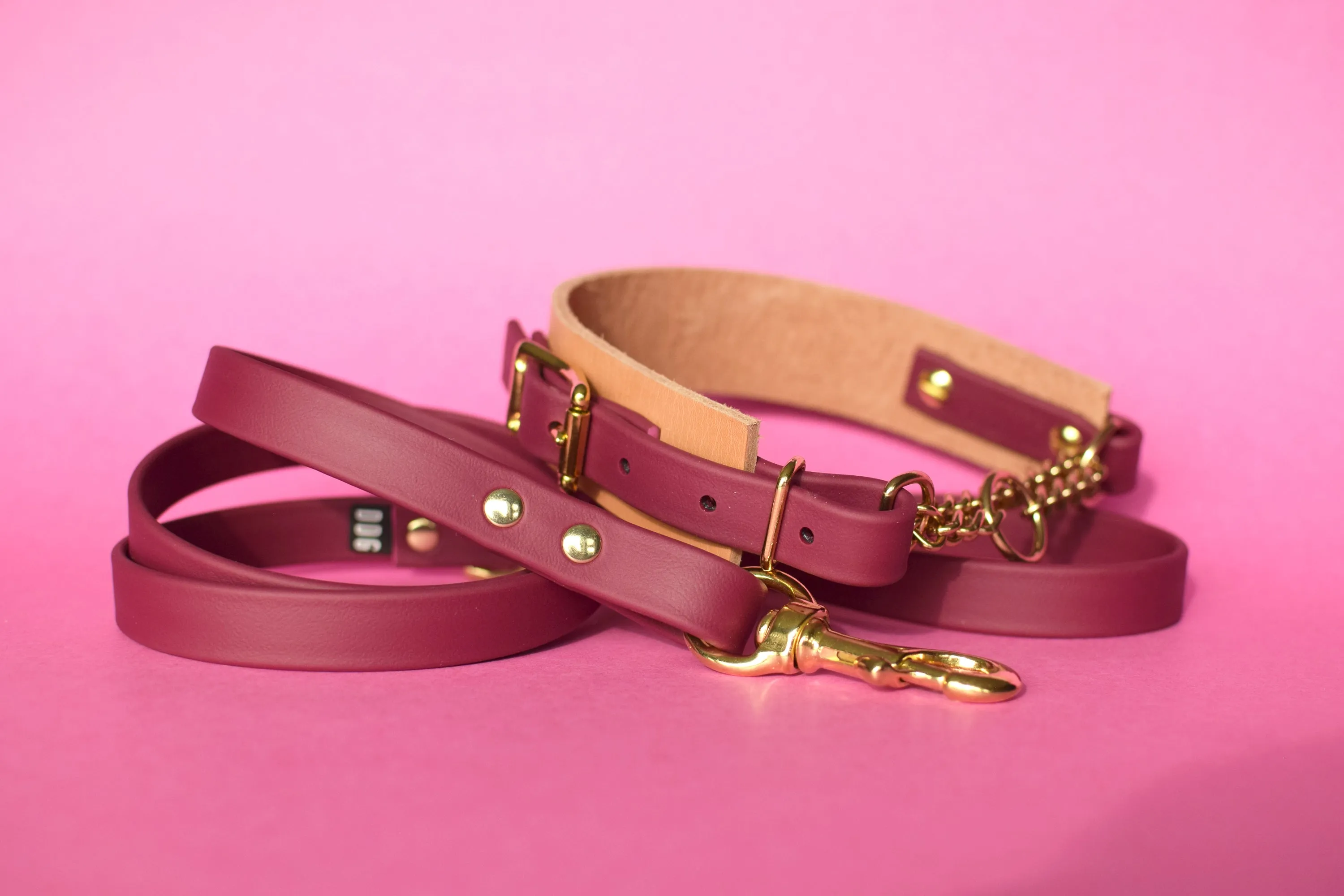 EXCLUSIVE LEATHER COLLECTION - Natural Tan & Burgundy Wine, Limited Edition Biothane and Leather Combo Martingale Dog Collar