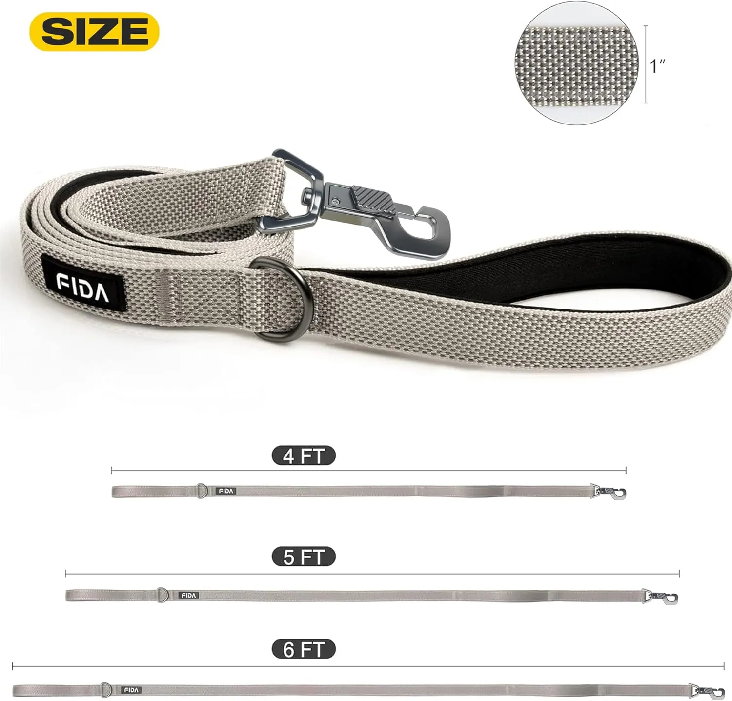 Fida 4 FT Heavy Duty Dog Leash with 2 Comfortable Padded Handles, Traffic Handle & Advanced Easy Snap Hook, Reflective Walking Lead for Large, Medium & Small Breed Dogs, Grey