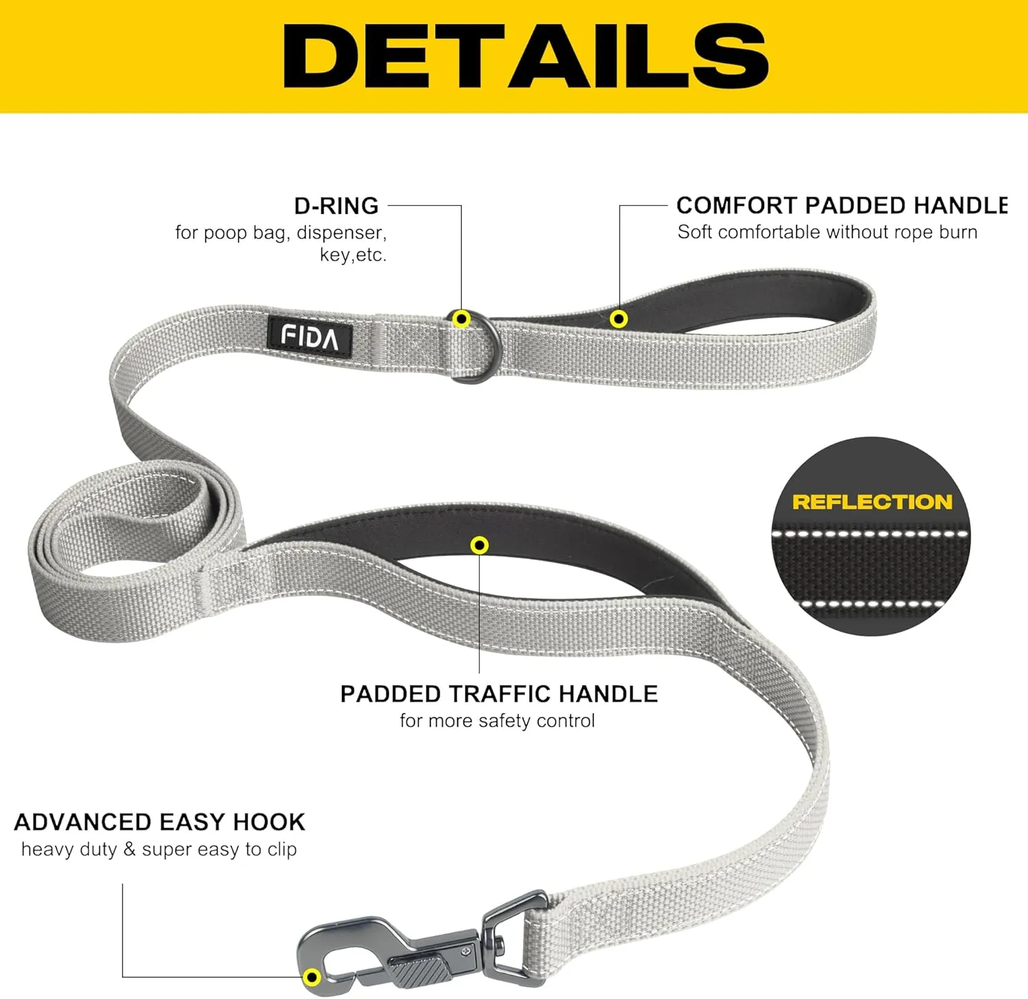 Fida 4 FT Heavy Duty Dog Leash with 2 Comfortable Padded Handles, Traffic Handle & Advanced Easy Snap Hook, Reflective Walking Lead for Large, Medium & Small Breed Dogs, Grey