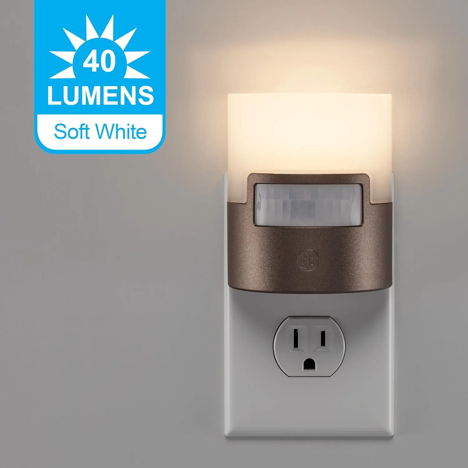 GE LED Motion Sensor Night Light, Plug into wall, 40 Lumens, Soft White, UL Certified, Energy Efficient, Ideal Nightlight for Bedroom, Bathroom, Kitchen, Hallway, 26140, Bronze, 1 Pack