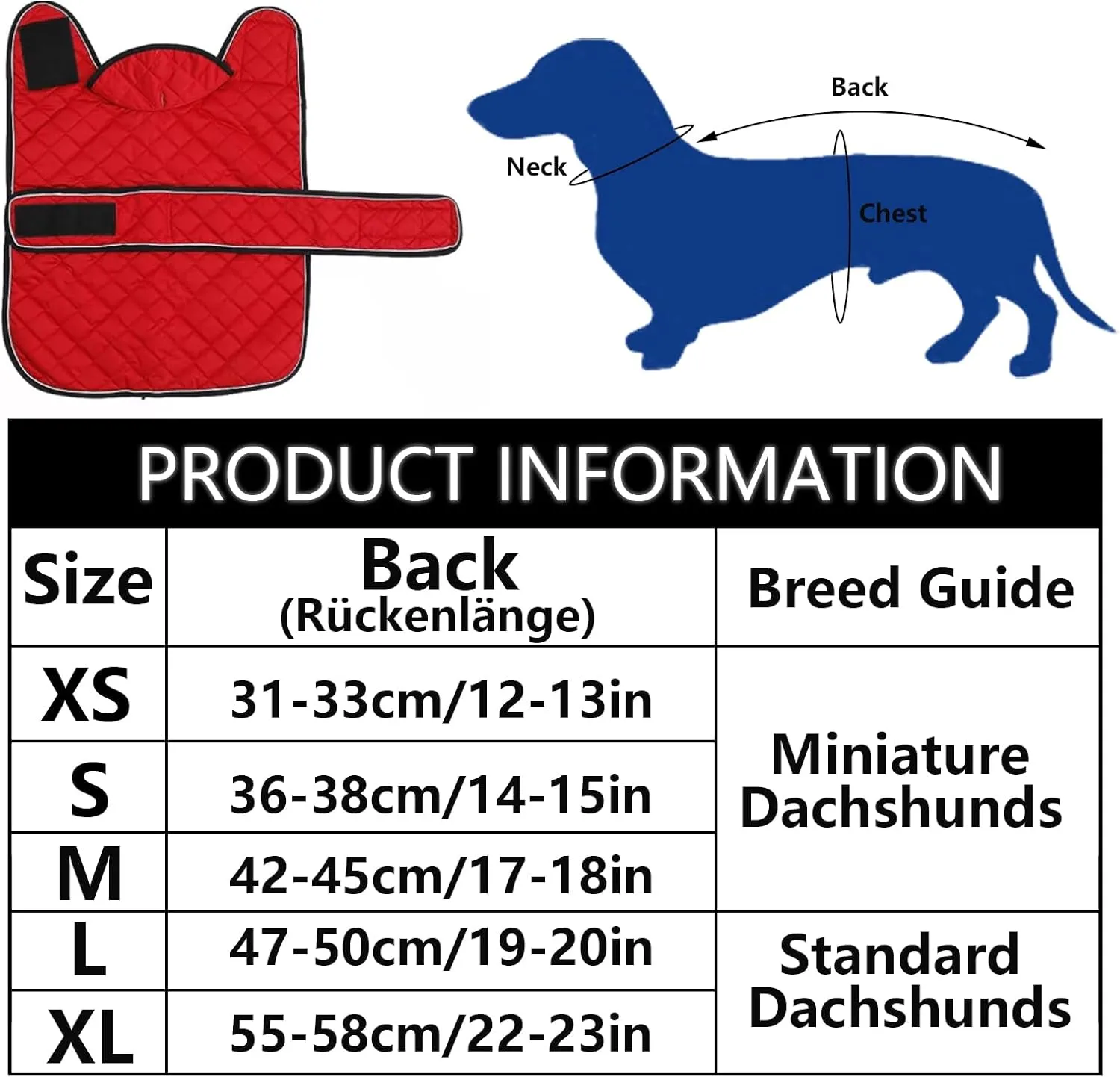 Geyecete Warm Thermal Quilted Dachshund Coat, Dog Winter Coat with Warm Fleece Lining, Outdoor Dog Apparel with Adjustable Bands for Medium, Large Dog-Red-L