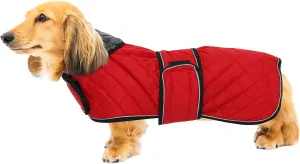 Geyecete Warm Thermal Quilted Dachshund Coat, Dog Winter Coat with Warm Fleece Lining, Outdoor Dog Apparel with Adjustable Bands for Medium, Large Dog-Red-L