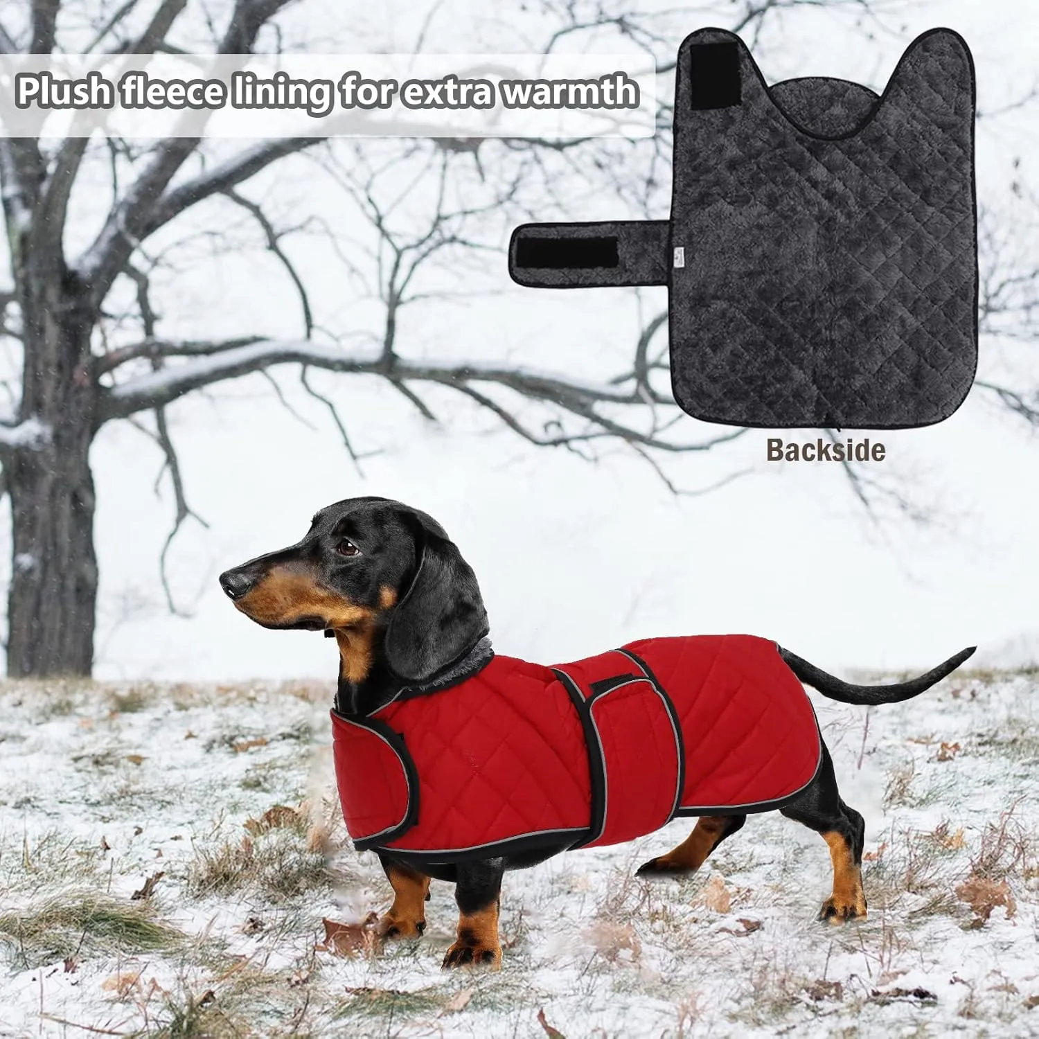 Geyecete Warm Thermal Quilted Dachshund Coat, Dog Winter Coat with Warm Fleece Lining, Outdoor Dog Apparel with Adjustable Bands for Medium, Large Dog-Red-L