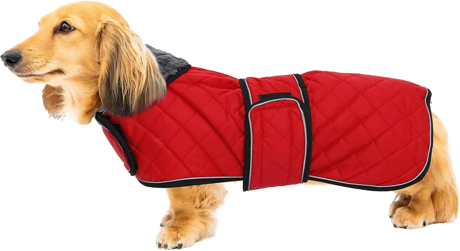 Geyecete Warm Thermal Quilted Dachshund Coat, Dog Winter Coat with Warm Fleece Lining, Outdoor Dog Apparel with Adjustable Bands for Medium, Large Dog-Red-L