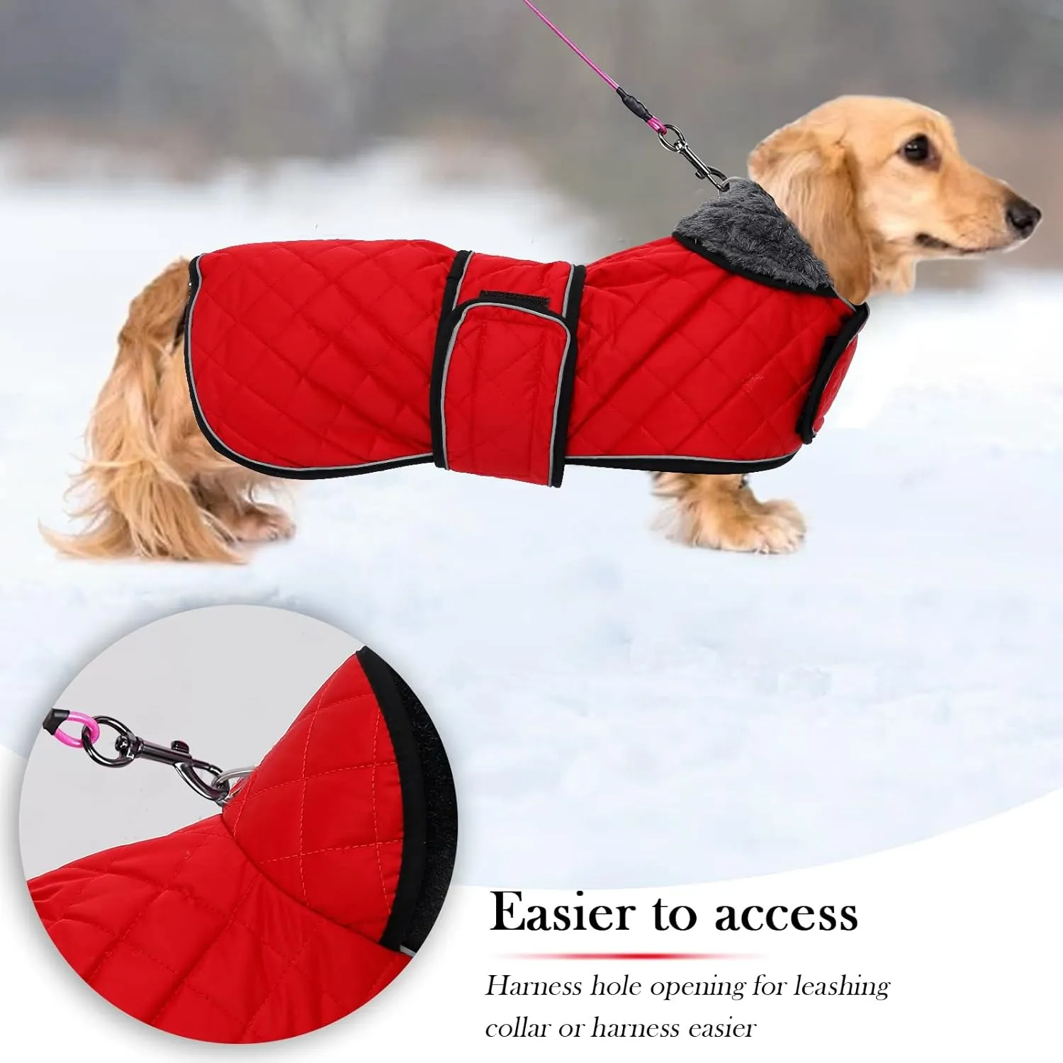 Geyecete Warm Thermal Quilted Dachshund Coat, Dog Winter Coat with Warm Fleece Lining, Outdoor Dog Apparel with Adjustable Bands for Medium, Large Dog-Red-L