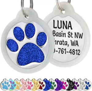 GoTags Personalized Paw Print Pet Tag with Silencer Stainless Steel for Dogs and Cats, 4 Lines of Custom Engraved ID Name and Number, in Stainless Steel and 15 Colors Glitter (Large Silent Pack of 1)
