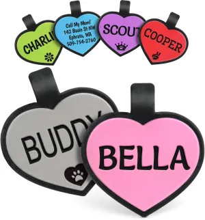 GoTags Silicone Dog Tags, Soundless Pet Tag, Personalized Silent Tag Engraved for Pets with Cute Custom Designs, for Dogs and Cats, (Heart, Pink)