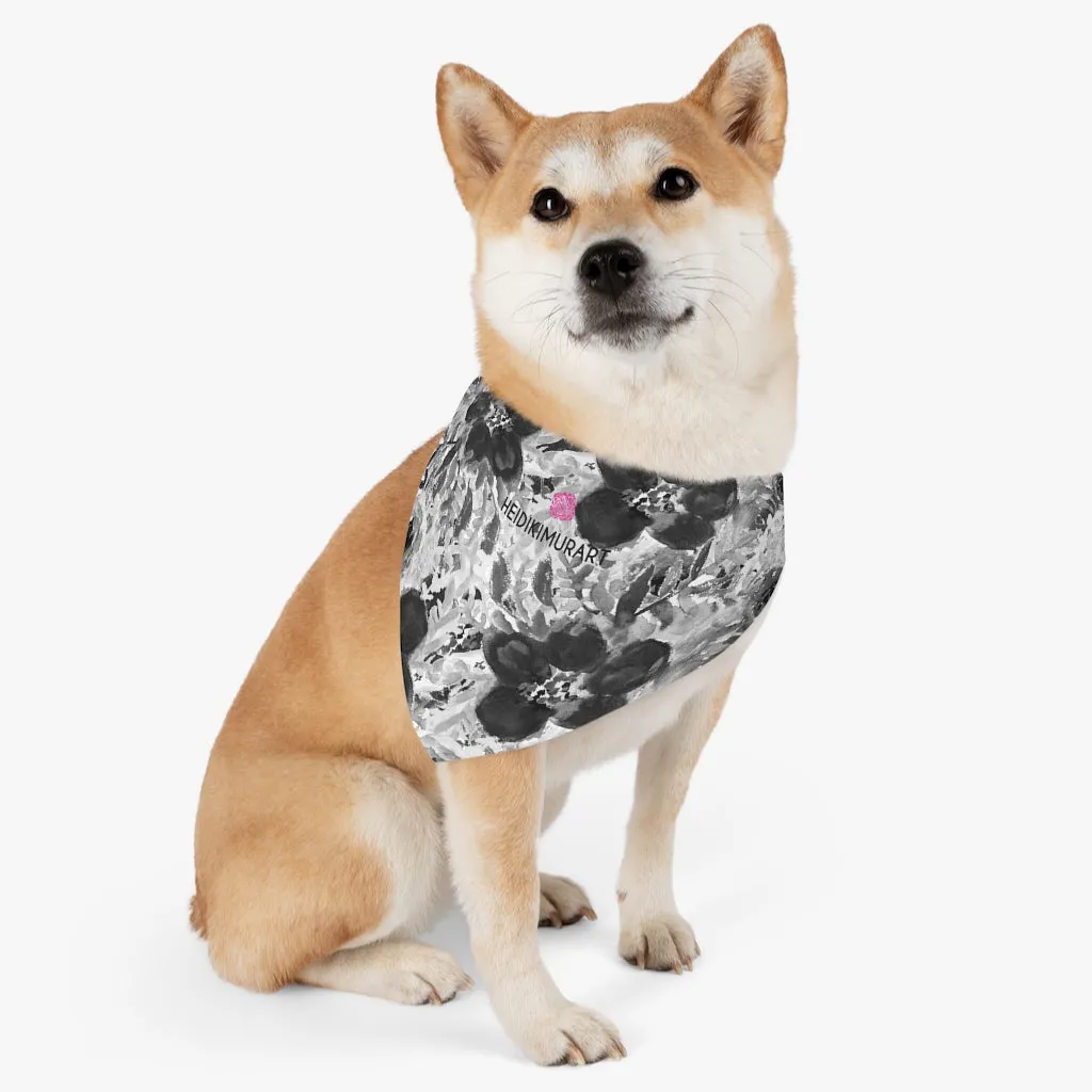 Grey Floral Pet Bandana Collar, Best Flower Print Pet Accessories For Dogs or Cats (Size: S, M, L)