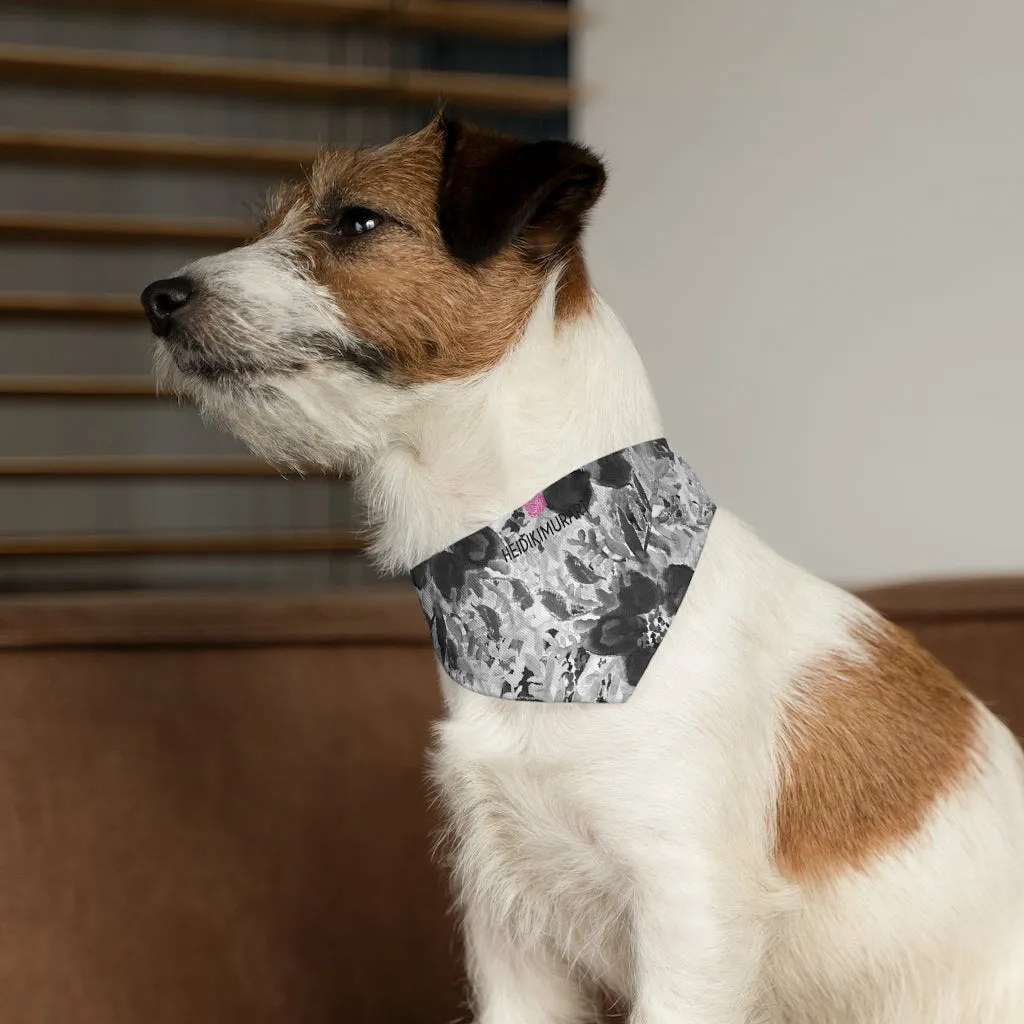 Grey Floral Pet Bandana Collar, Best Flower Print Pet Accessories For Dogs or Cats (Size: S, M, L)
