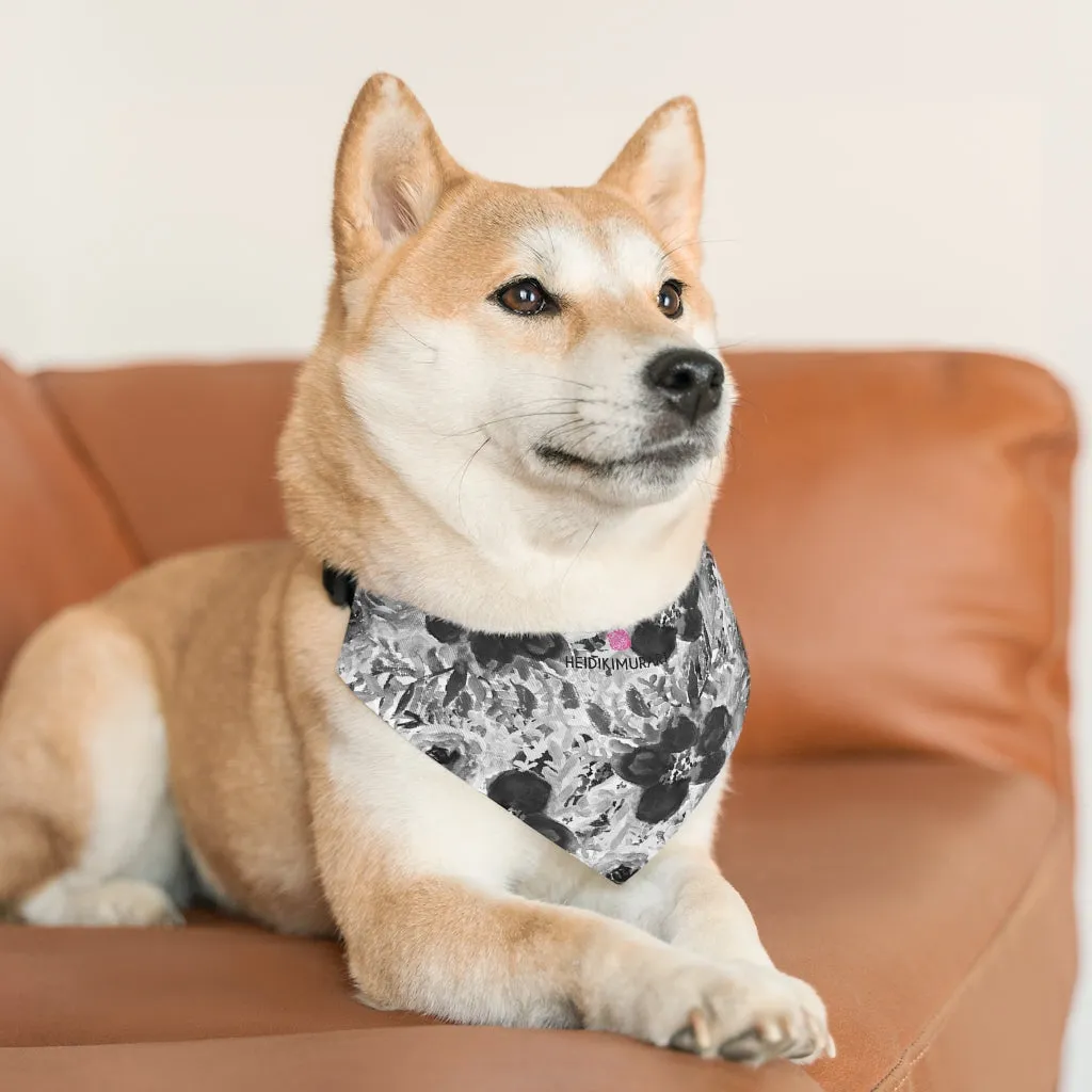 Grey Floral Pet Bandana Collar, Best Flower Print Pet Accessories For Dogs or Cats (Size: S, M, L)