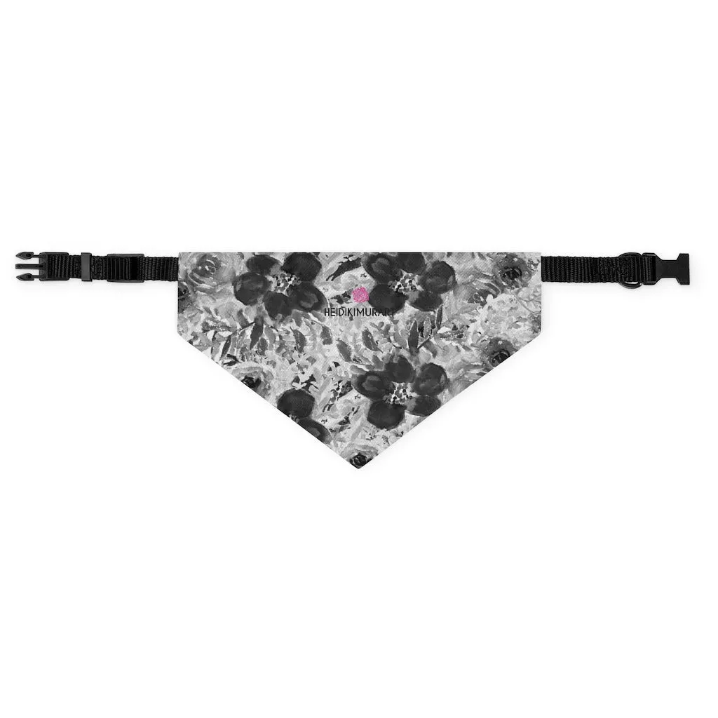 Grey Floral Pet Bandana Collar, Best Flower Print Pet Accessories For Dogs or Cats (Size: S, M, L)