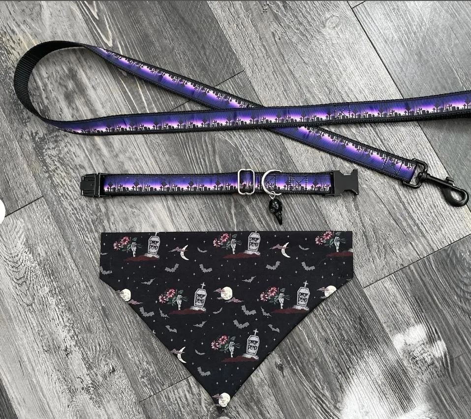 Halloween Purple Dog Collar and Leash Set - Matching Collar, Leash, and Bandana - Halloween Dog Collar and Leash Dog Collar Set