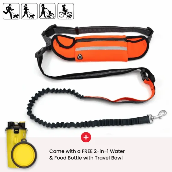 Hands-Free Dog Leash with Adjustable Waist Belt and 3-Pocket Pack – Includes Bonus 2-in-1 Water Bottle & Bowl