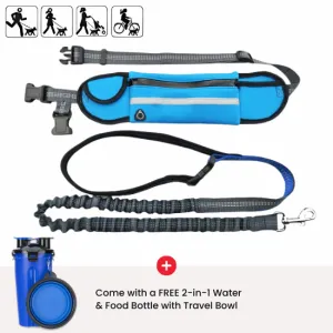 Hands-Free Dog Leash with Adjustable Waist Belt and 3-Pocket Pack – Includes Bonus 2-in-1 Water Bottle & Bowl