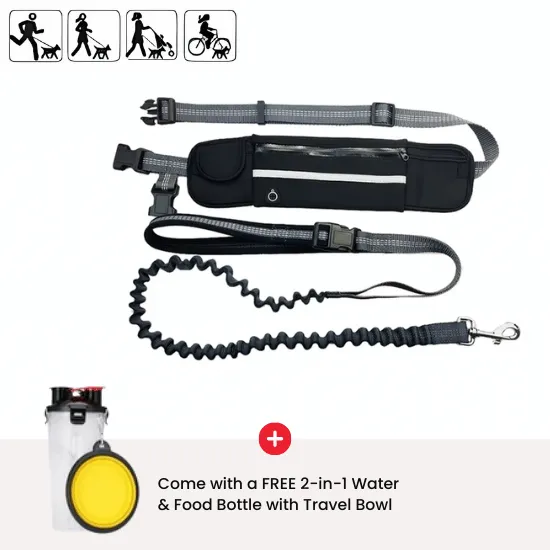 Hands-Free Dog Leash with Adjustable Waist Belt and 3-Pocket Pack – Includes Bonus 2-in-1 Water Bottle & Bowl