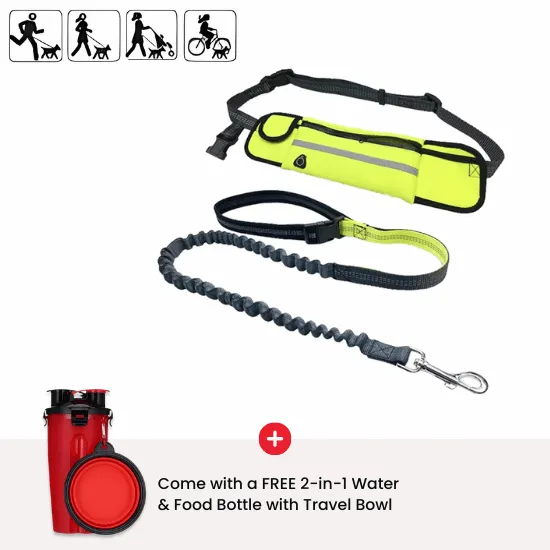 Hands-Free Dog Leash with Adjustable Waist Belt and 3-Pocket Pack – Includes Bonus 2-in-1 Water Bottle & Bowl