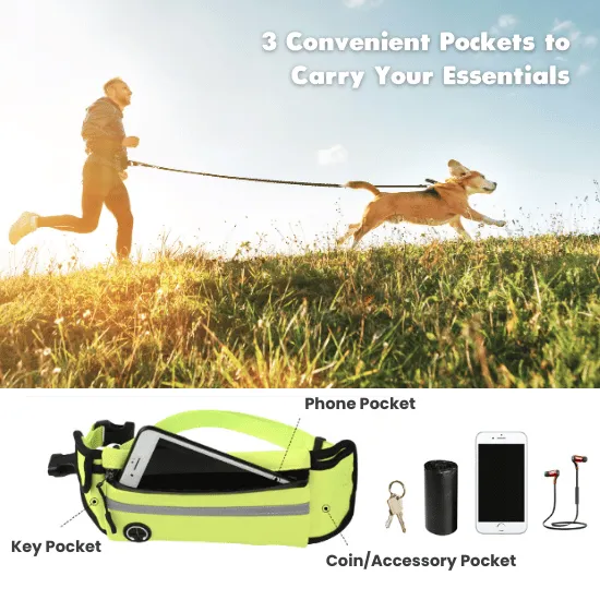 Hands-Free Dog Leash with Adjustable Waist Belt and 3-Pocket Pack – Includes Bonus 2-in-1 Water Bottle & Bowl