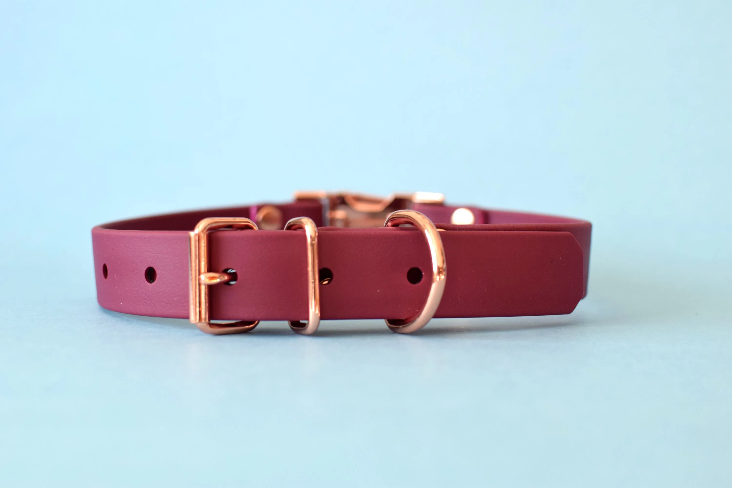 HARDWARE RETIREMENT SALE - Burgundy Wine & Rose Gold Biothane Dog Collar