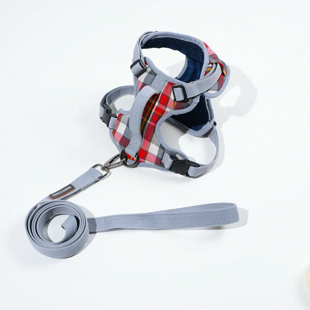 Heavy-duty harness kit for maximum comfort and zero choking- Denim Check Plaid