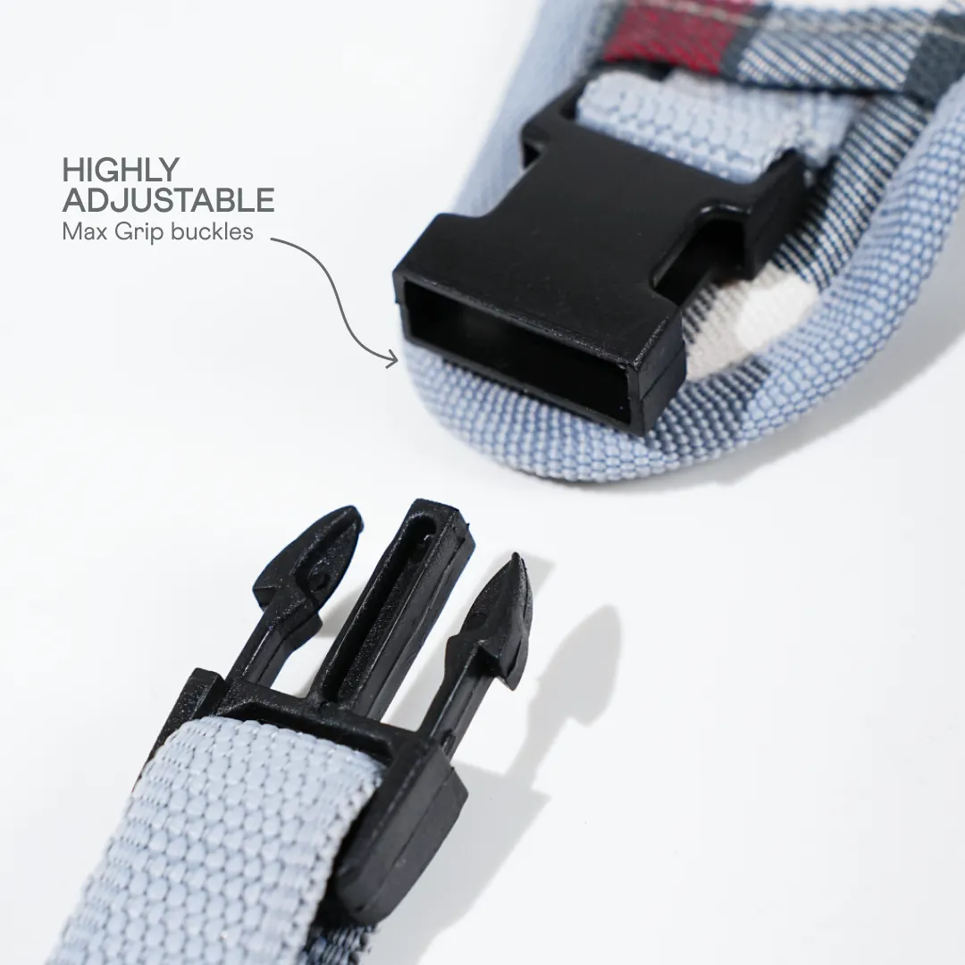 Heavy-duty harness kit for maximum comfort and zero choking- Denim Check Plaid