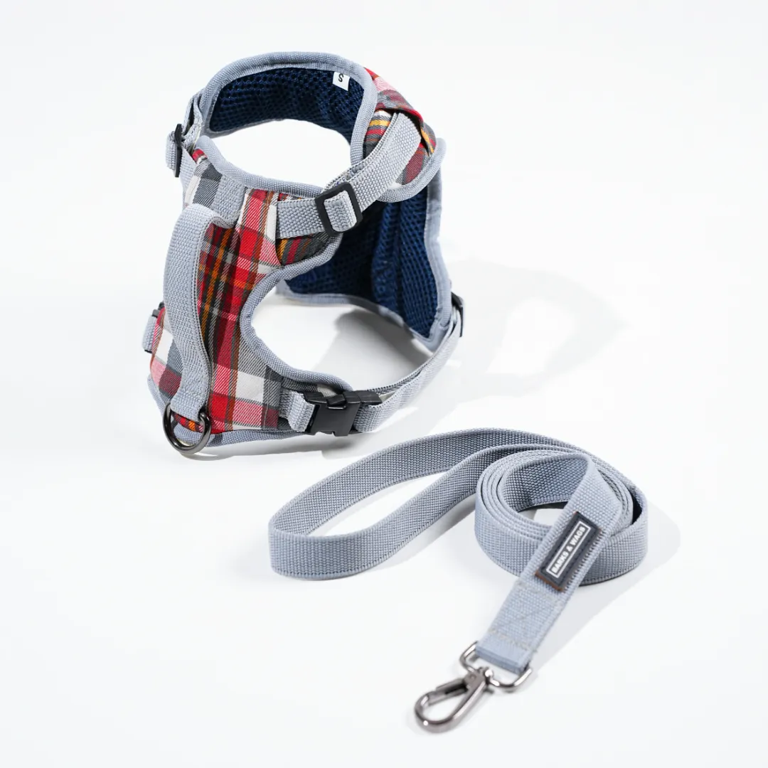 Heavy-duty harness kit for maximum comfort and zero choking- Denim Check Plaid
