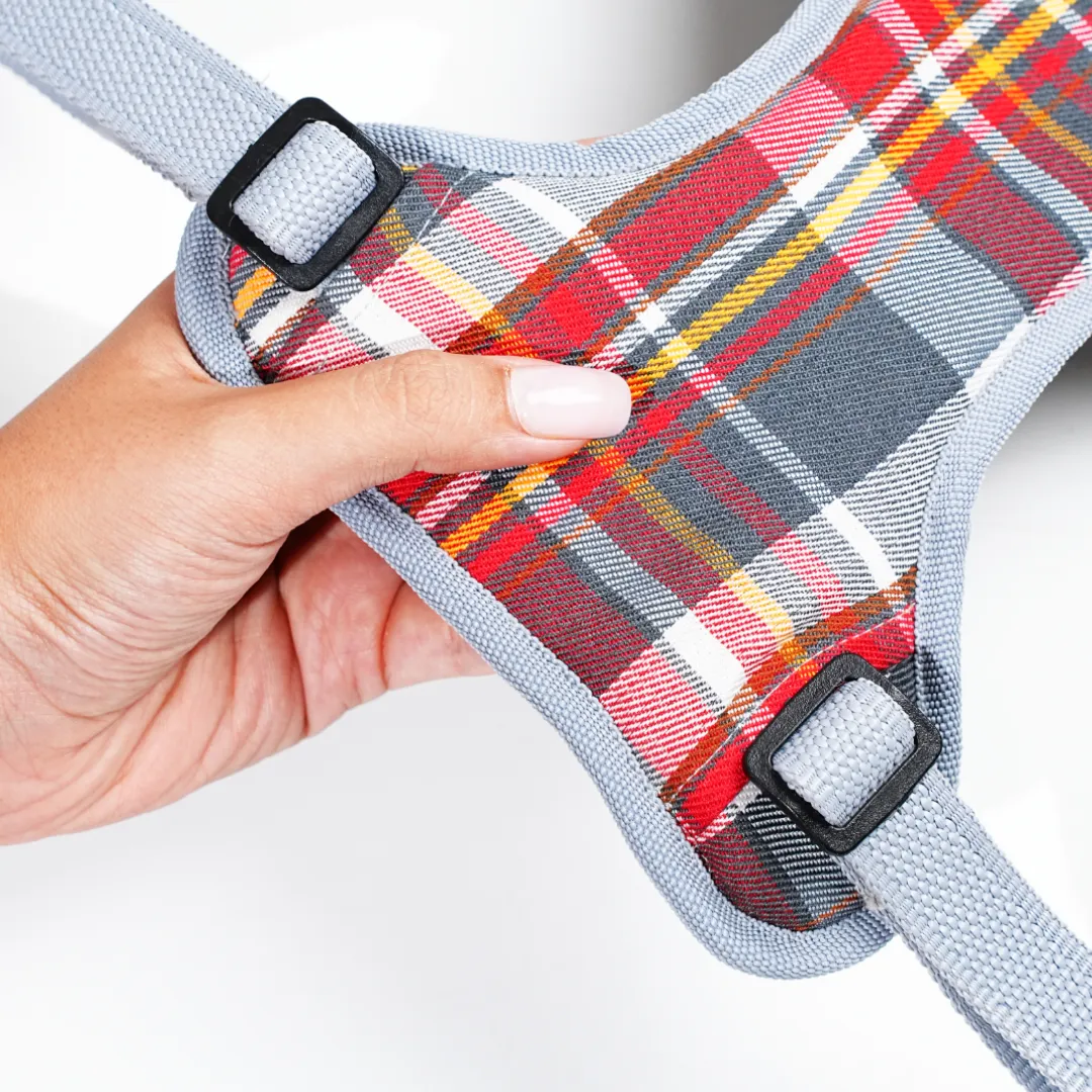 Heavy-duty harness kit for maximum comfort and zero choking- Denim Check Plaid
