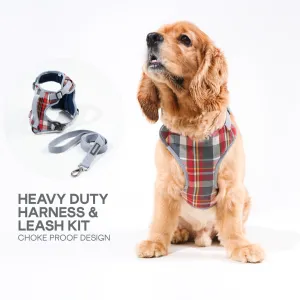 Heavy-duty harness kit for maximum comfort and zero choking- Denim Check Plaid